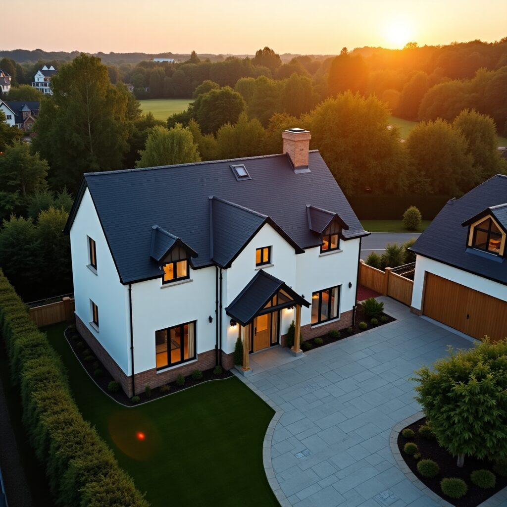 Drohnenaufnahme eines modernen, freistehenden Hauses mit Garten und stilvollem Design.