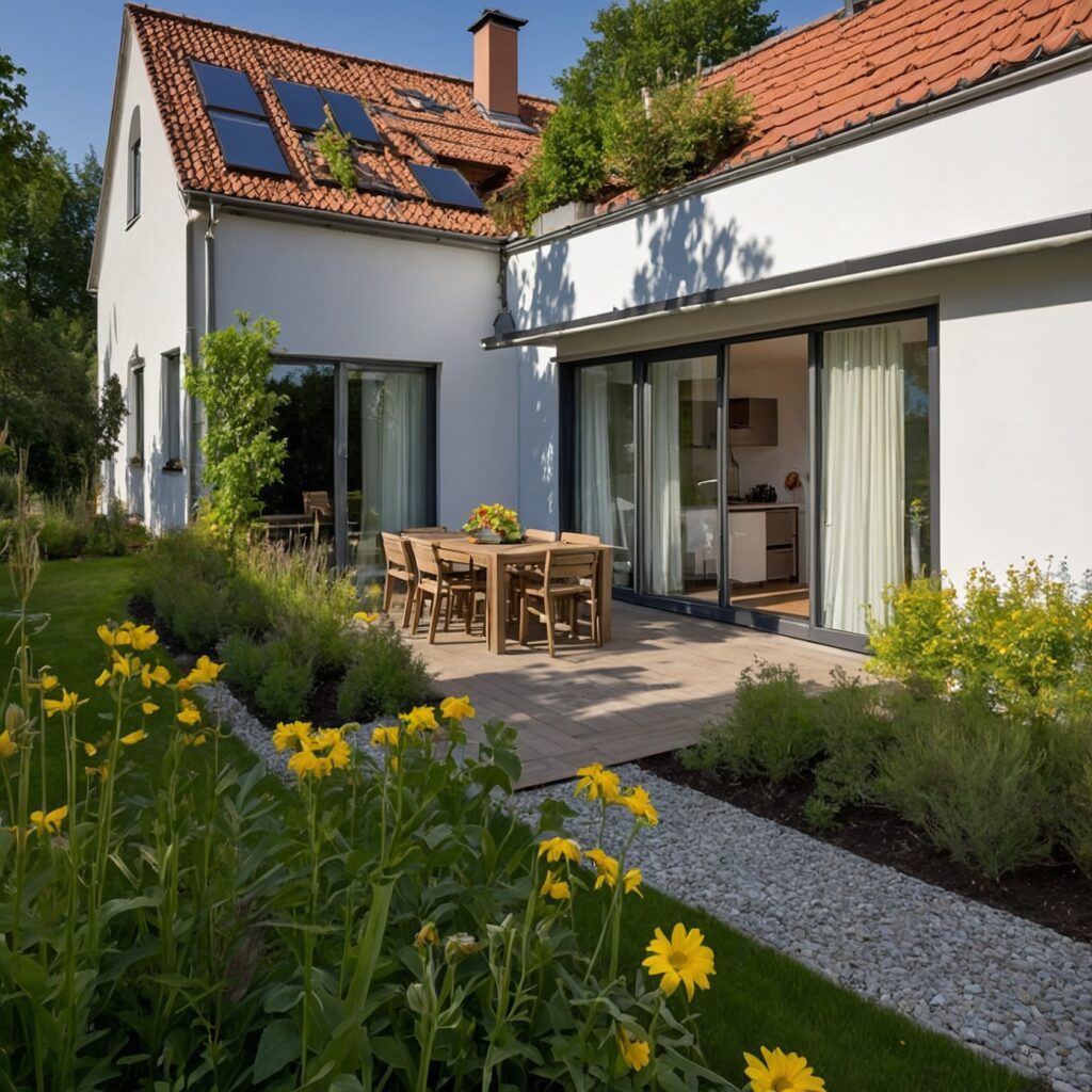 Professionelle Aufnahme eines modernen L-förmigen Einfamilienhauses mit bodentiefen Fenstern, geeignet für virtuelle 360° Immobilienbesichtigungen