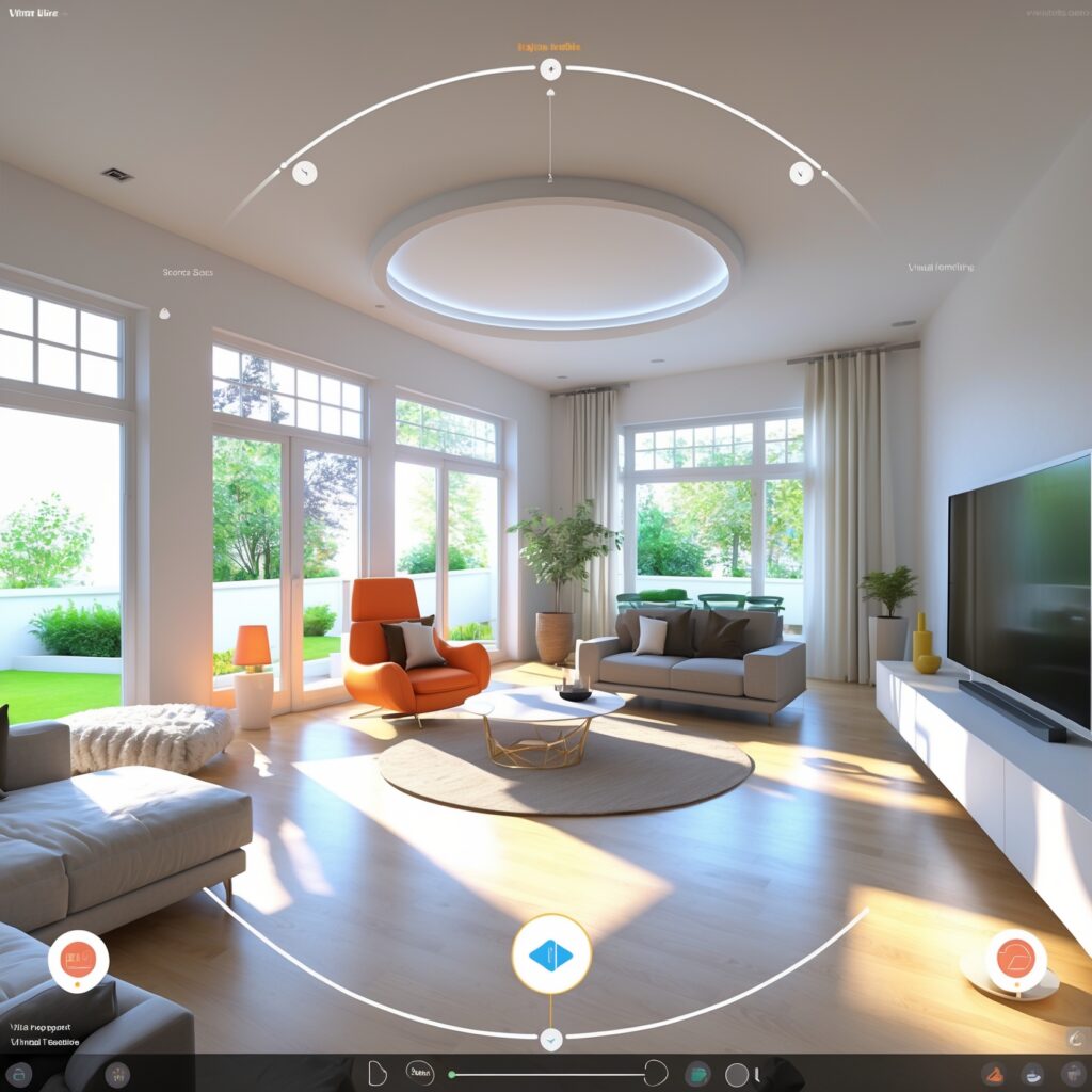 Screenshot eines interaktiven 360°-Rundgangs durch eine moderne Immobilie, der einen umfassenden Blick auf den Raum bietet