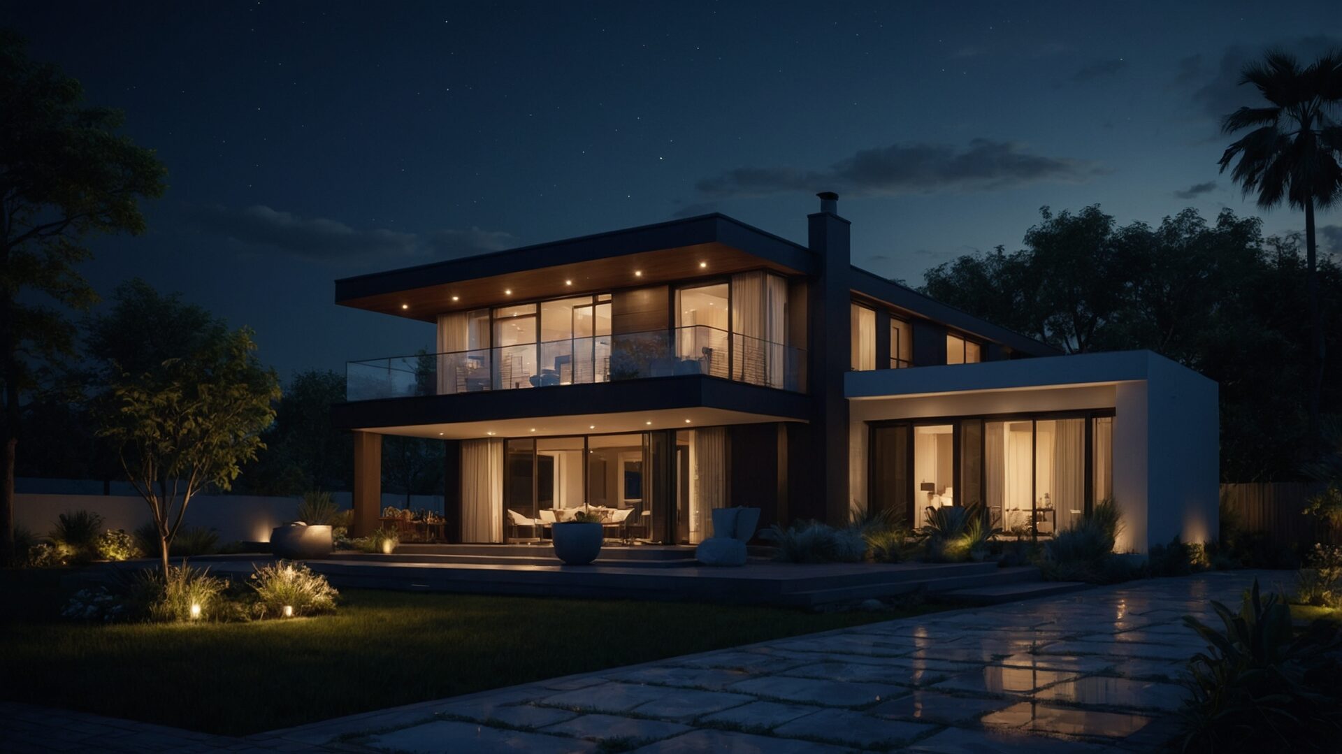 Drohnenaufnahme Potsdam – beleuchtete Villa bei Nacht