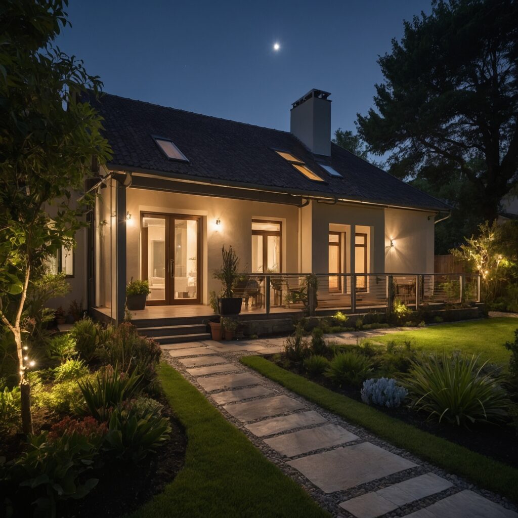 Ein stilvolles Einfamilienhaus bei Nacht, beleuchtet durch warme Gartenlichter, mit gepflegtem Garten und einladender Atmosphäre.