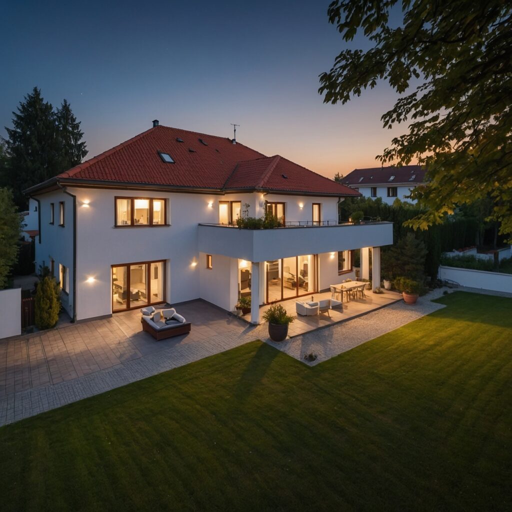 Typisches deutsches Einfamilienhaus mit rotem Ziegeldach und gepflegtem Vorgarten aus der Luft fotografiert