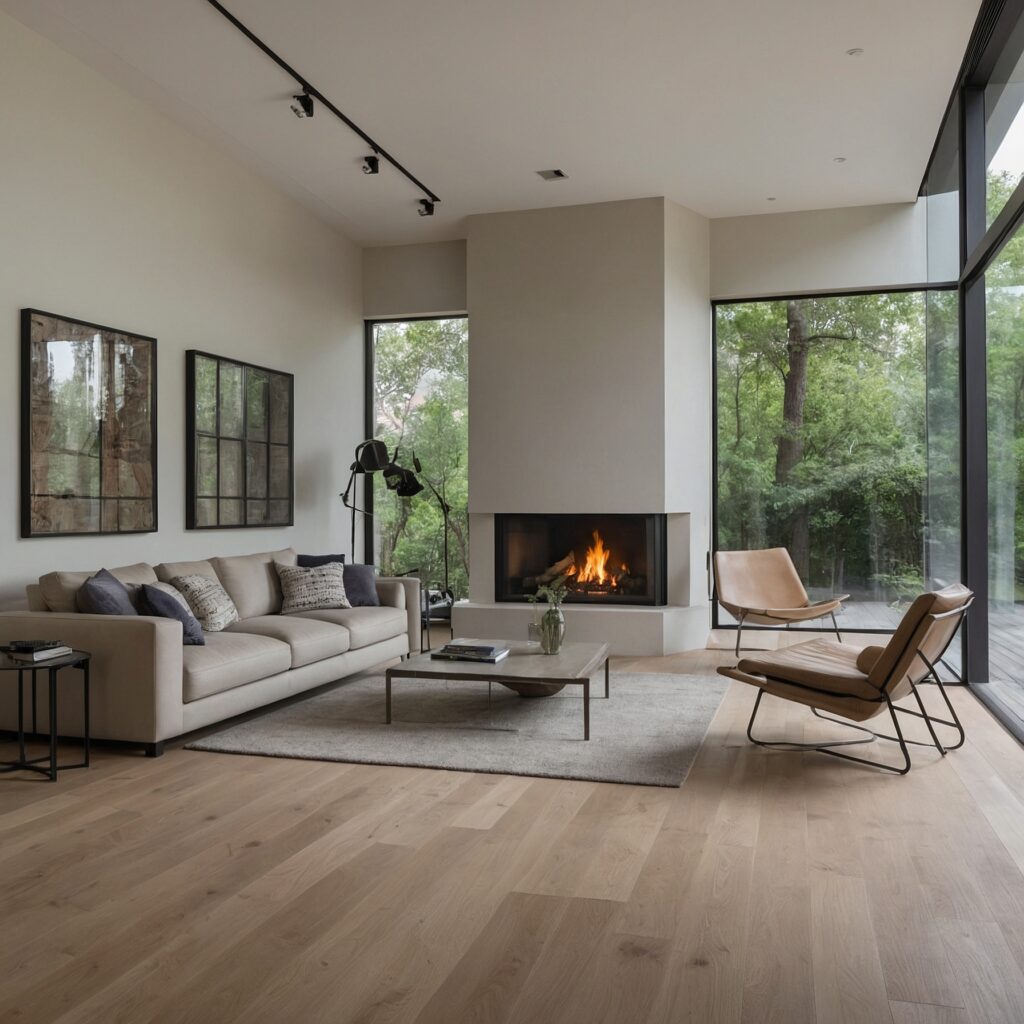 Großes Wohnzimmer in einem Haus mit geschlossenem Kamin und neutralen Wänden.