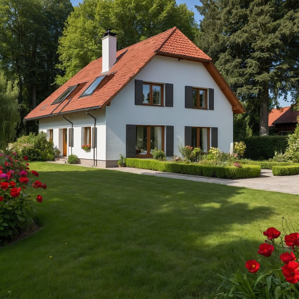 Traditionelles deutsches Einfamilienhaus aus Ziegelstein mit rotem Ziegeldach, umgeben von einem gepflegten Garten und grüner Landschaft.