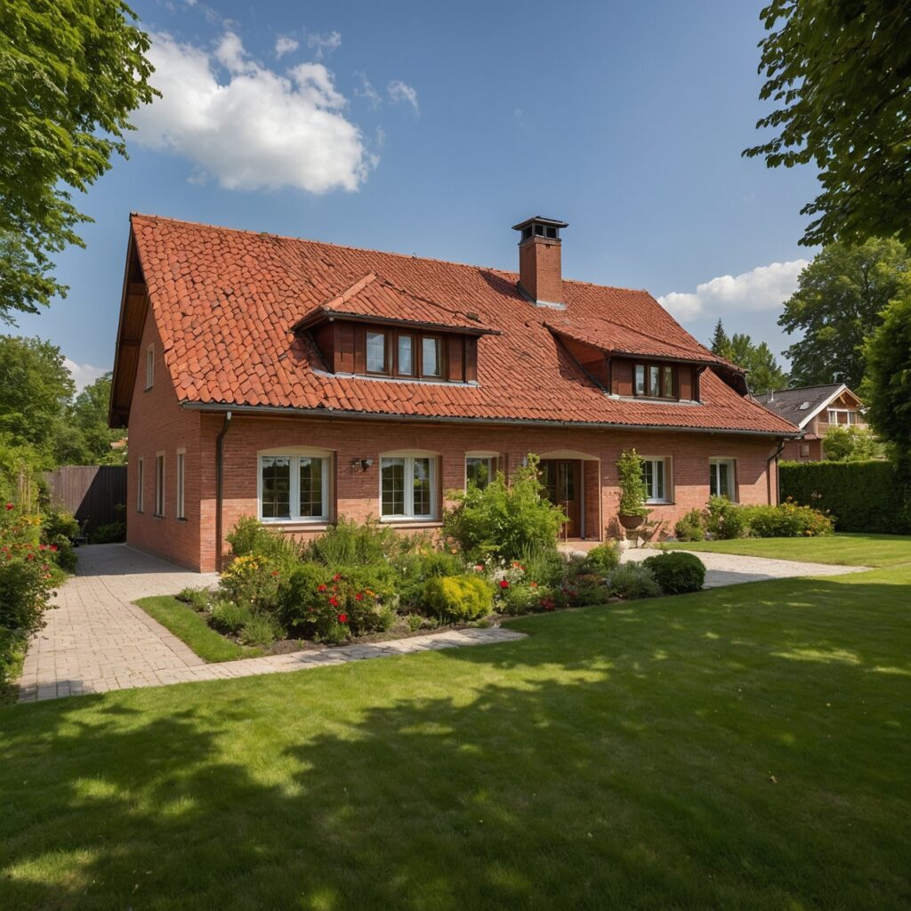 Traditionelles deutsches Einfamilienhaus aus Ziegelstein mit rotem Ziegeldach, umgeben von grünem Garten und Natur.