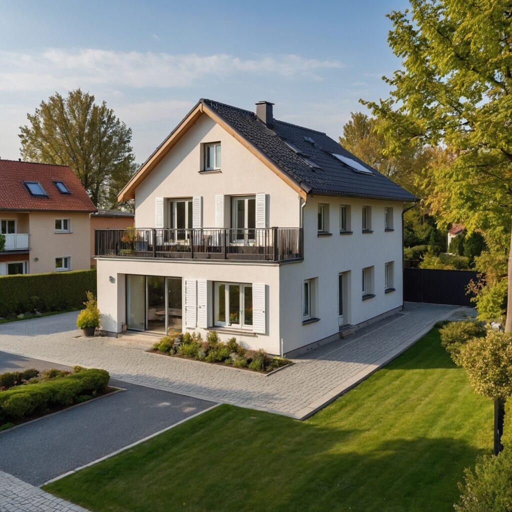 Luftaufnahme eines kleinen deutschen Einfamilienhauses mit weißer Fassade und grauem Ziegeldach bei Sonnenschein